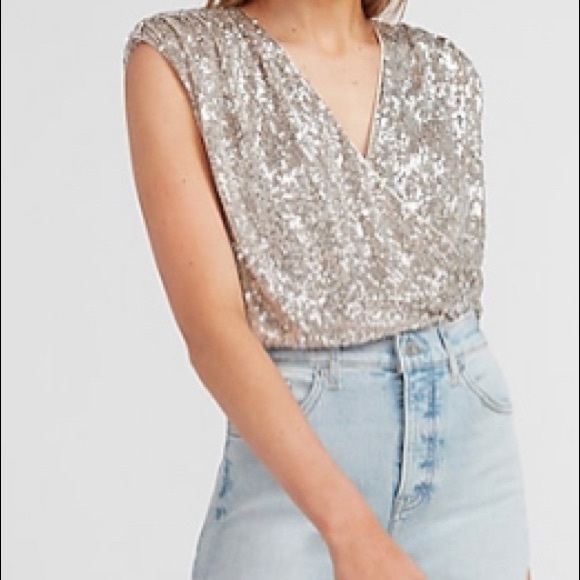 Express Tops - Sequin silver glitter thong body suit